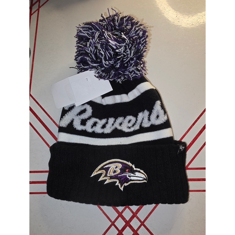 47 Brand Baltimore Ravens NFL Womens Cuffed Knit Pom Beanie Hat Black Purple NWT